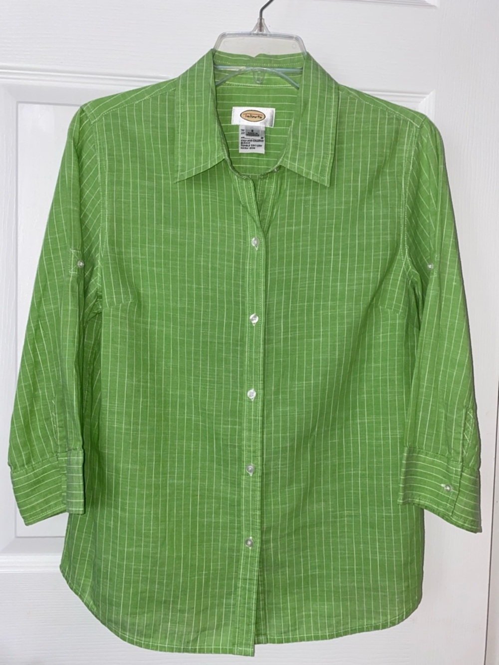Talbots Green Pinstripe Button-Up Blouse - Picture 3 of 11